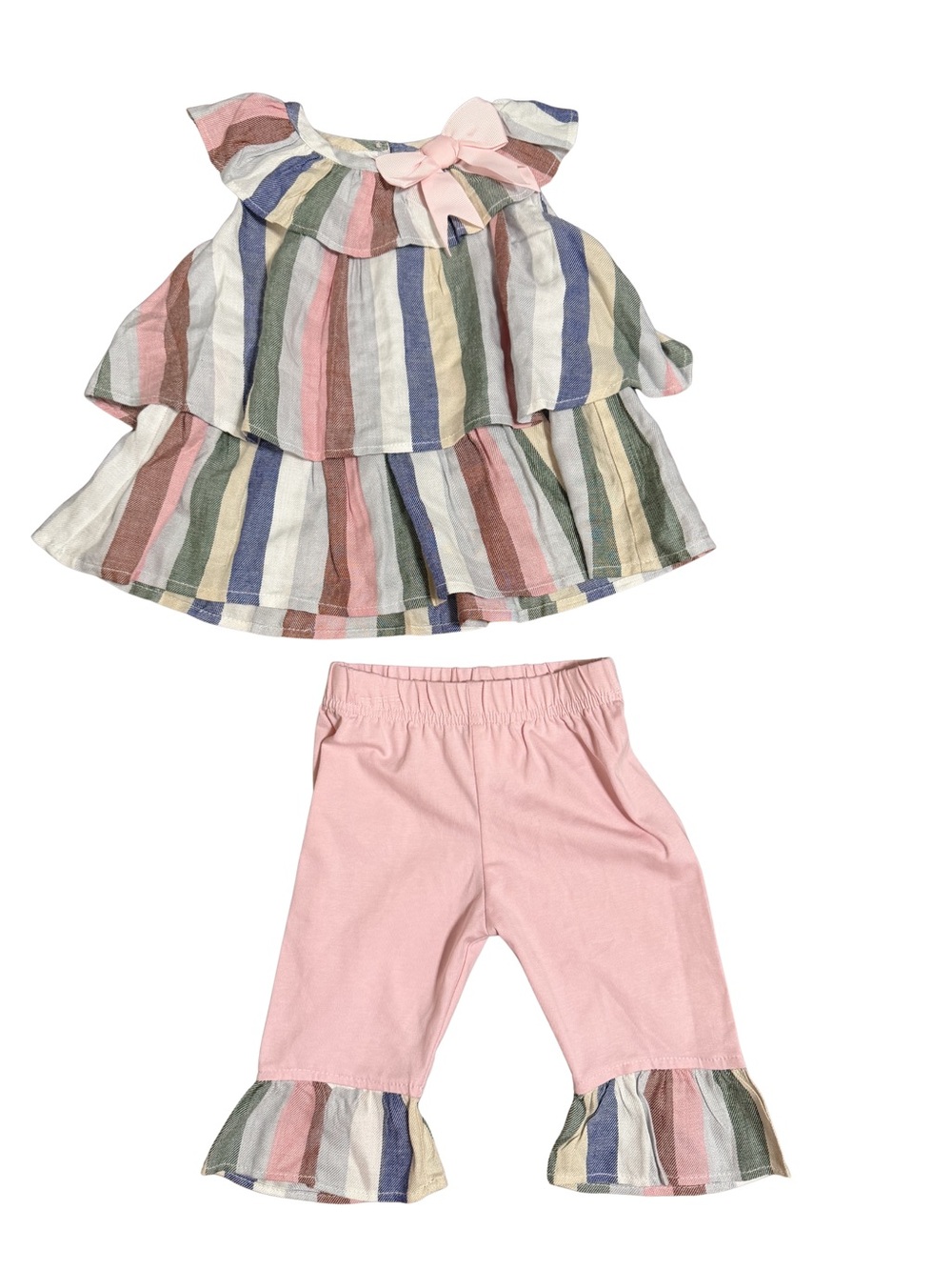 Rare Editions Pink Multicolor Striped Lightweight  Tiered Ruffle Set Sz 12 Mo